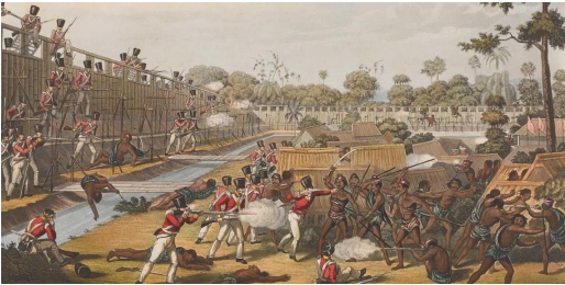 The British attack of Danubyu against the Burmese stockades.
